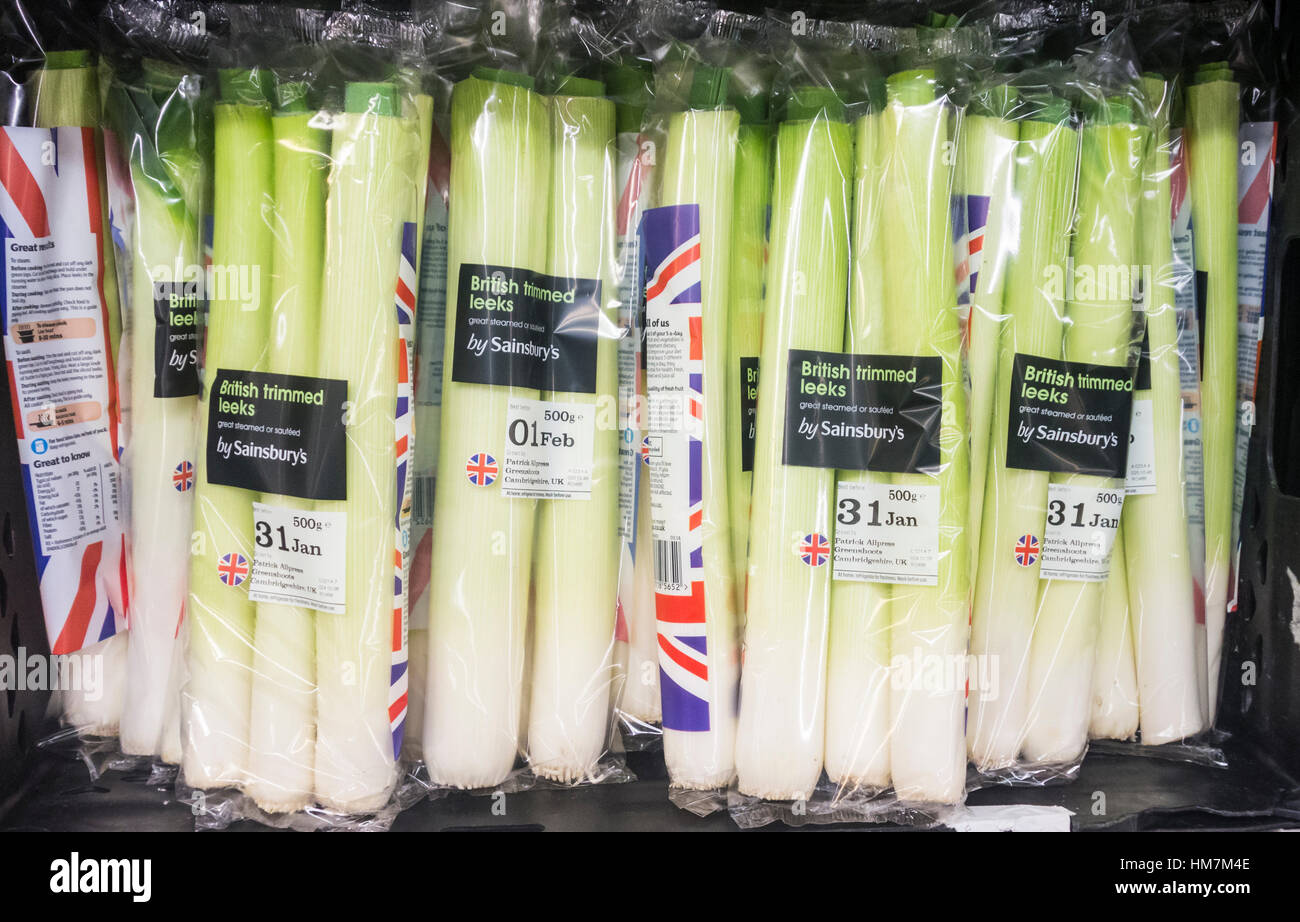 Trimmed British Leeks in plastic packaging in Sainsbury`s supermarket, UK Stock Photo